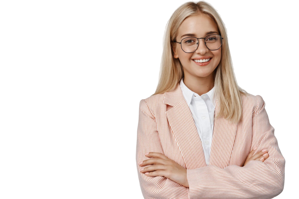 standardiste sourire aux lèvre, bras croisés pour vous accompagner dans la création de votre entreprise