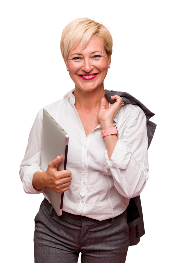 Image d'une emme souriante tenant un ordinateur en main, elle represente le cabinet comptable en ligne CABINET 3C